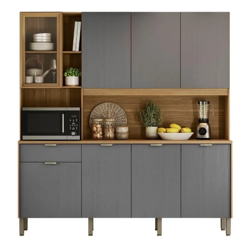 Armário De Cozinha Compacta 8 Portas 4 Nichos Namastê Madeirado / Cinza