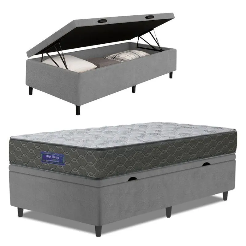 Cama Box Baú Colchão Solteiro Ortopédico Espuma D33 Hiper 88x188x60cm Cinza