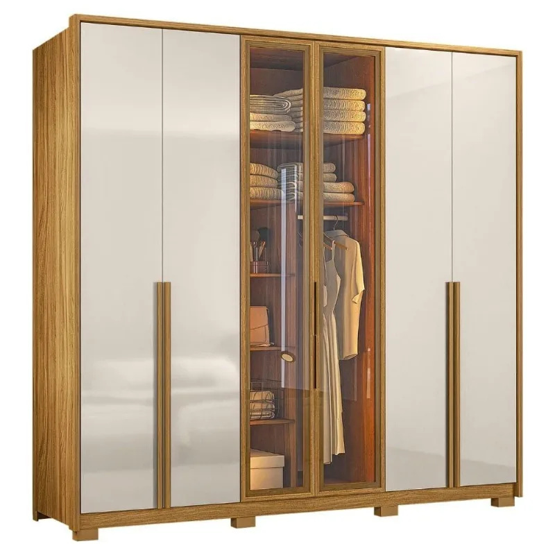 Guarda Roupas Casal Reflecta Com Led 6 Portas 4 Gavetas âmbar Madeirado-off White