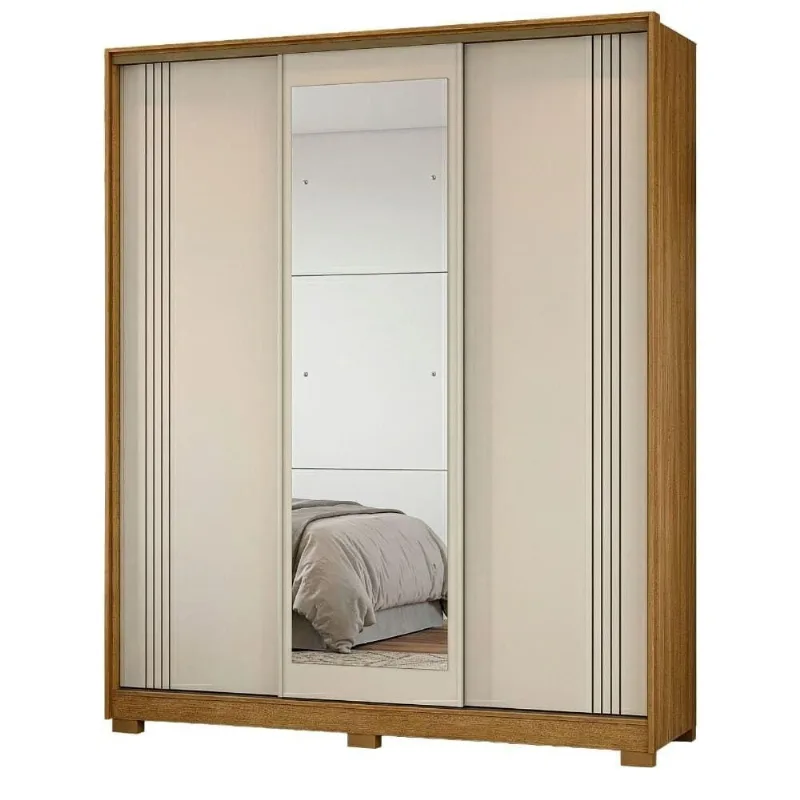 Guarda Roupas Casal Com Espelho 3 Portas 4 Gavetas Frisado Opala Madeirado-off White