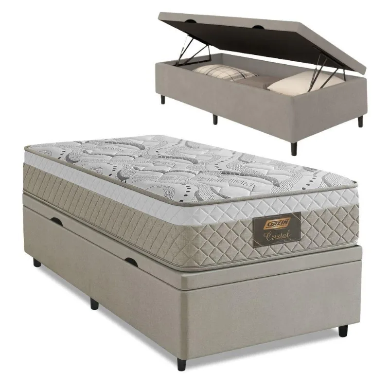 Cama Box Baú Solteiro Cristal Molas Ensacadas 88x188x64cm Bege