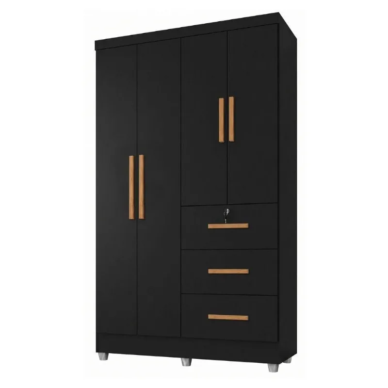 Guarda Roupa Solteiro Tami 4 Portas de Bater 3 Gavetas MDP com Chave Preto J&A Móveis 120.4CM