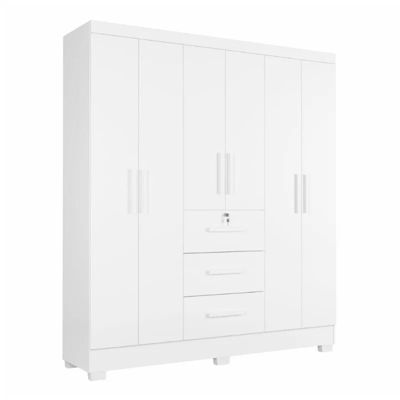 Guarda Roupa Casal Tami 6 Portas de Bater 3 Gavetas MDP Branco J&A Móveis
