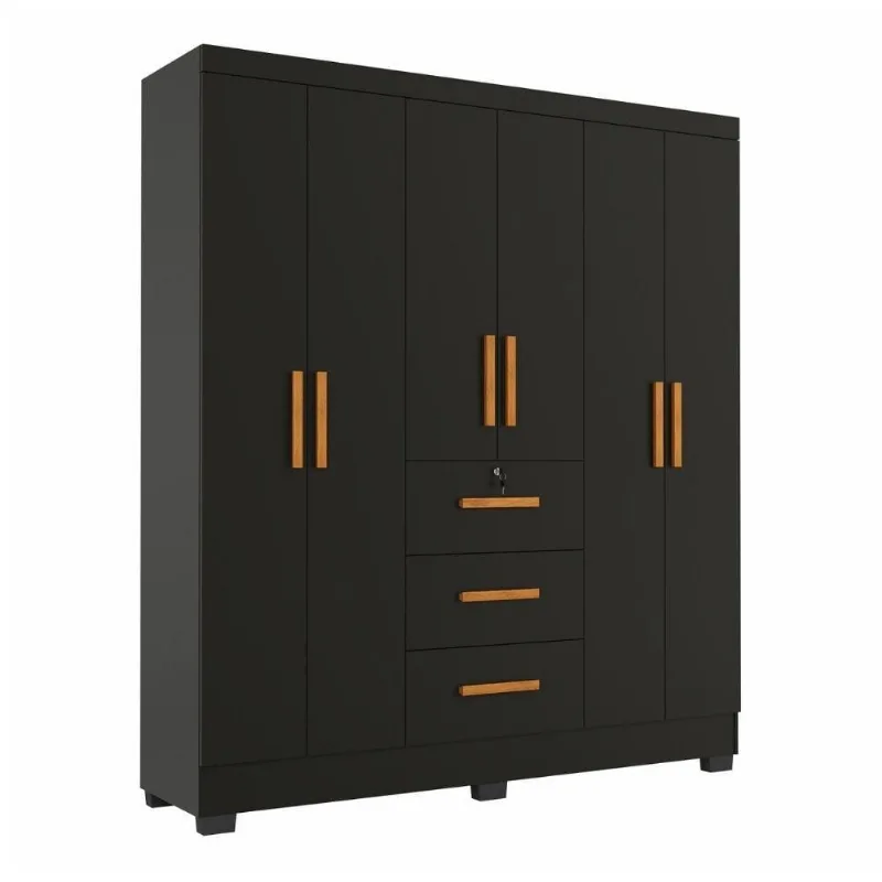 Guarda Roupa Casal Tami 6 Portas de Bater 3 Gavetas MDP Preto J&A Móveis