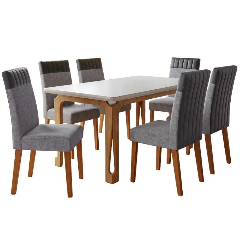 Conjunto de Jantar Nadine Mesa 160cm com Vidro 6 Cadeiras Montreal Cinza Viero Móveis