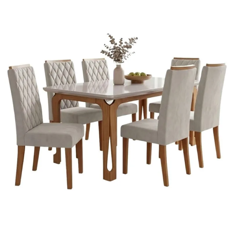 Conjunto de Jantar Nadine Bele 6 Lugares Tampo MDF com Vidro Madeirado e Bege Mesa 160cm Viero