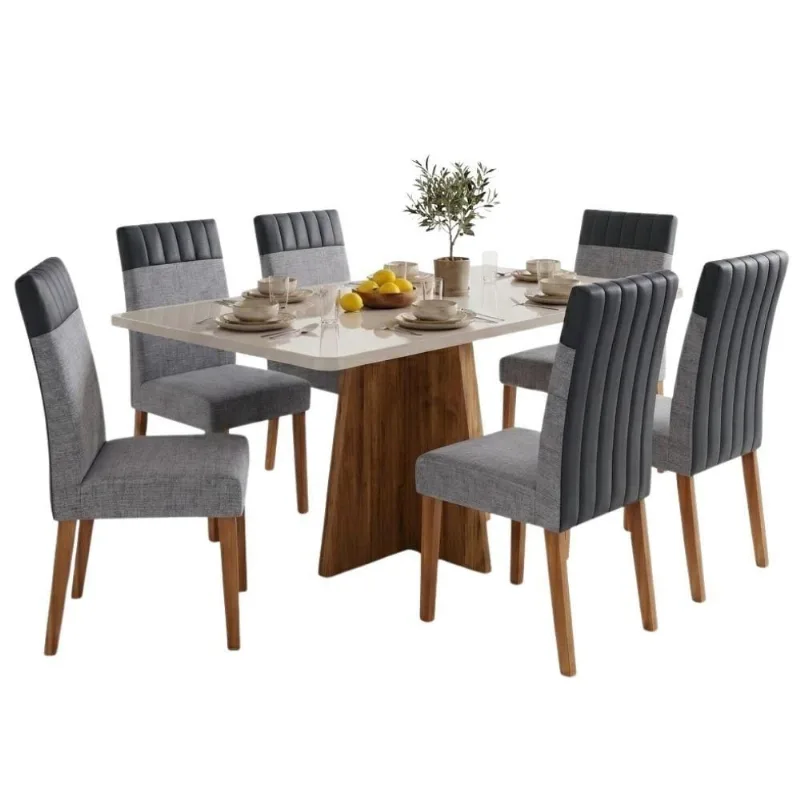 Conjunto Sala de Jantar Mesa Anjos 1,60m com Vidro 6 Cadeiras Montreal Madeirado Cinza Viero Móveis