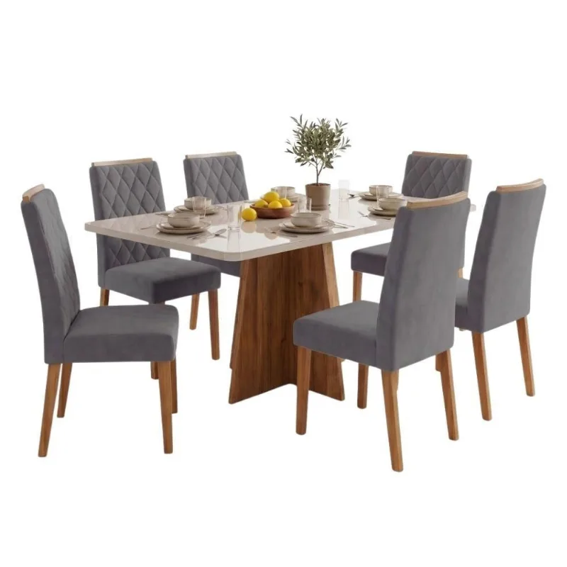 Conjunto Sala de Jantar Anjos Mesa 160cm com Vidro 6 Cadeiras Bele Madeirado Cinza Viero Móveis