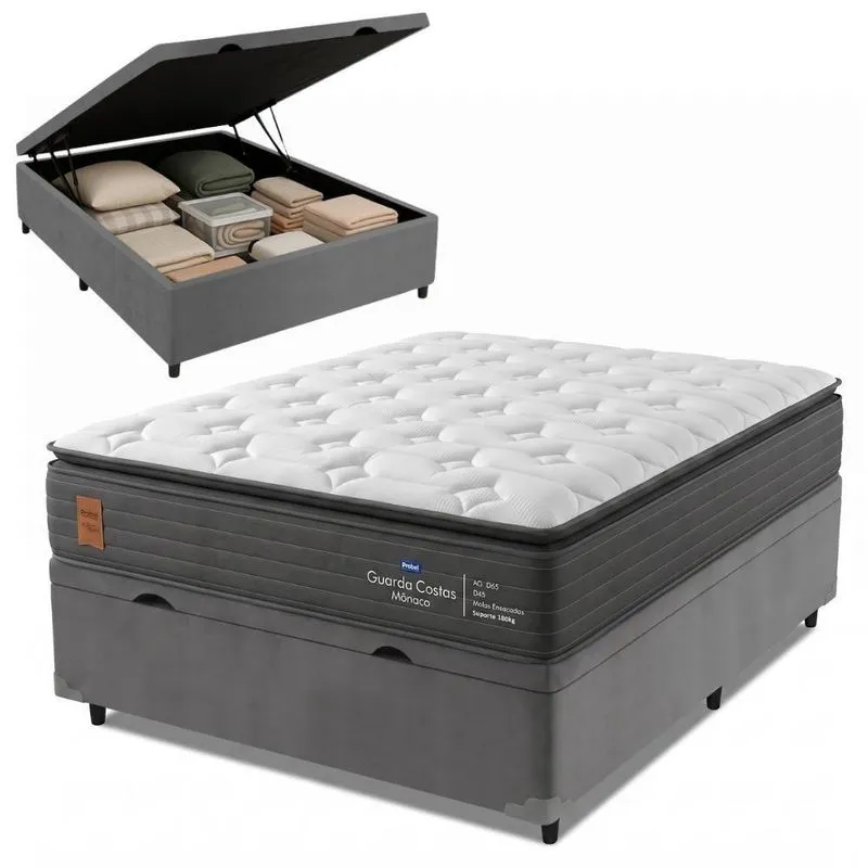 Cama Box Com Baú Casal Super Monaco Pillow Top Molas Ensacadas Cinza Probel