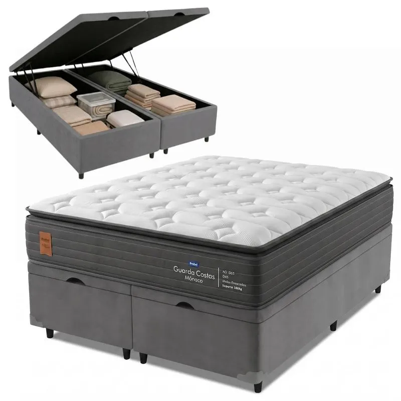 Cama Box Baú Queen Molas Ensacadas Pillow Super Monaco 158x198x75cm Probel - Até 180kg por pessoa