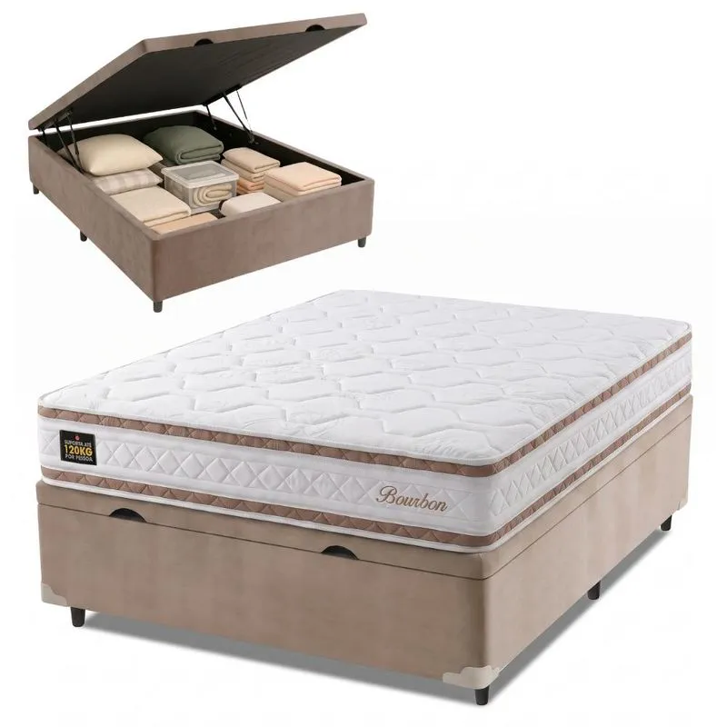 Cama Box Baú Casal Molas Ensacadas Bourbon 138x188x61cm Hellen - Suporta até 110 kg por pessoa