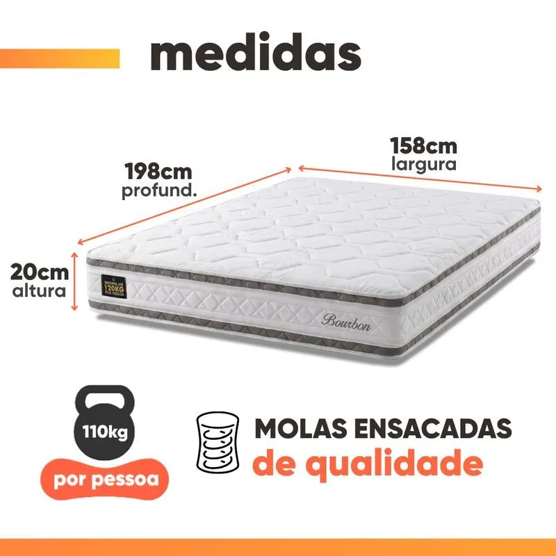 Cama Box Casal Molas Ensacadas Bourbon 138x188x58cm Hellen - Suporta até 110 kg por pessoa