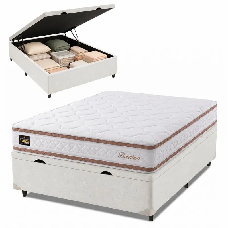 Cama Box Baú Casal Molas Ensacadas Bourbon 138x188x61cm Hellen - Suporta até 110 kg por pessoa