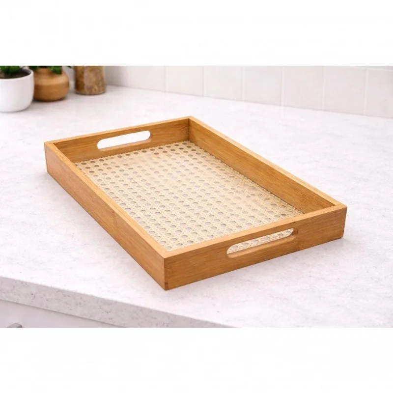 Bandeja Retangular Bambu Palha 33cm para Servir e Decorar em Acrílico e Plástico Bege Fratelli