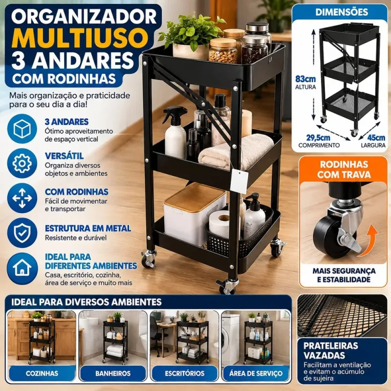 Organizador Multiuso 3 Andares com Rodinhas Fruteira Prateleira -Preta
