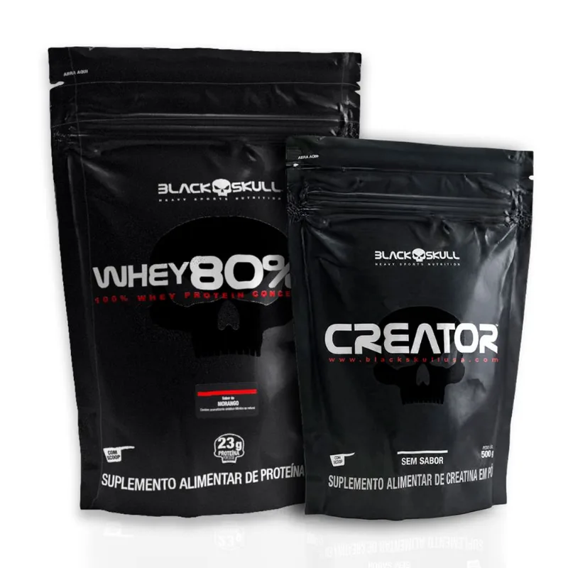 Combo Whey 80% HD + Creatina Creator 500g Black Skull Morango