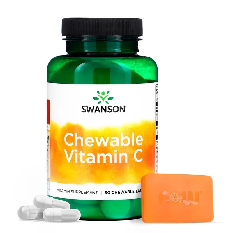 Vitamina C Mastigável Swanson 60 Chwbls Cereja Importado + Porta Cápsulas