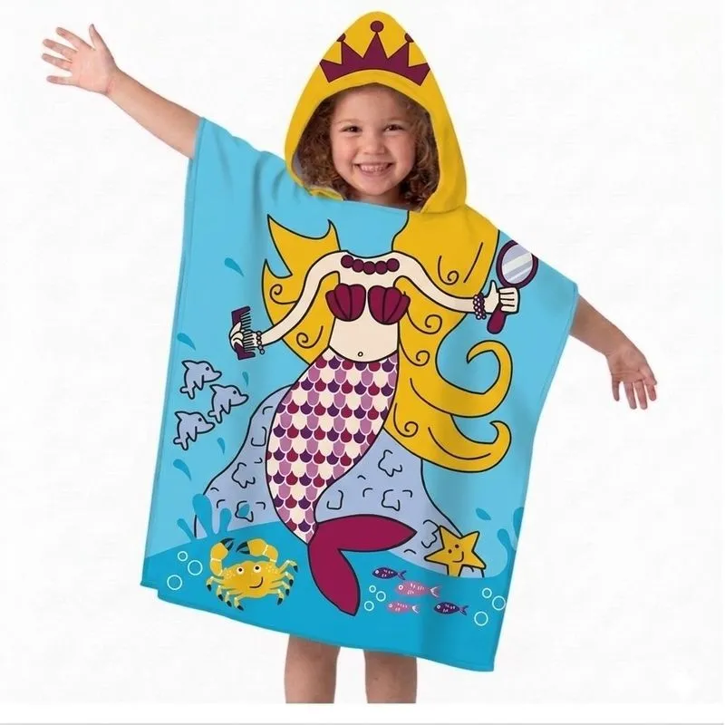 Roupão Infantil Poncho com Capuz Toalha para Piscina Praia Menino Menina Sereia Princeza Dinossauro Sereia Amarela