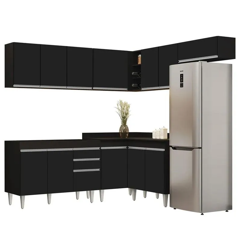 Armário De Cozinha Modulado De Canto 7 Peças Cp19 Balcão Sem Tampo Preto - Lumil