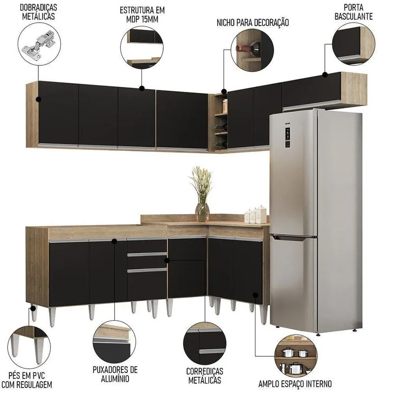 Armário De Cozinha Modulado De Canto 7 Peças Cp19 Balcão Sem Tampo Castanho/preto - Lumil