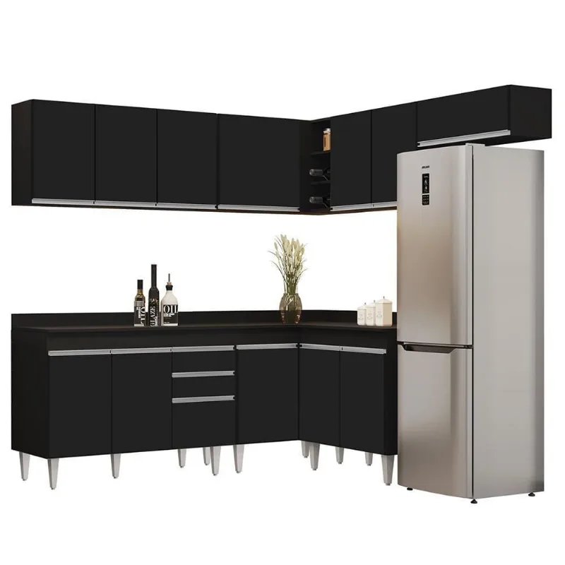 Armário De Cozinha Modulado De Canto 7 Peças Cp20 Balcão Com Tampo Preto - Lumil