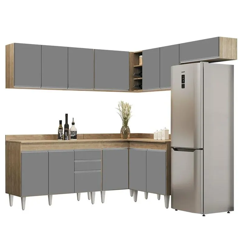 Armário De Cozinha Modulado De Canto 7 Peças Cp20 Balcão Com Tampo Castanho/cinza - Lumil