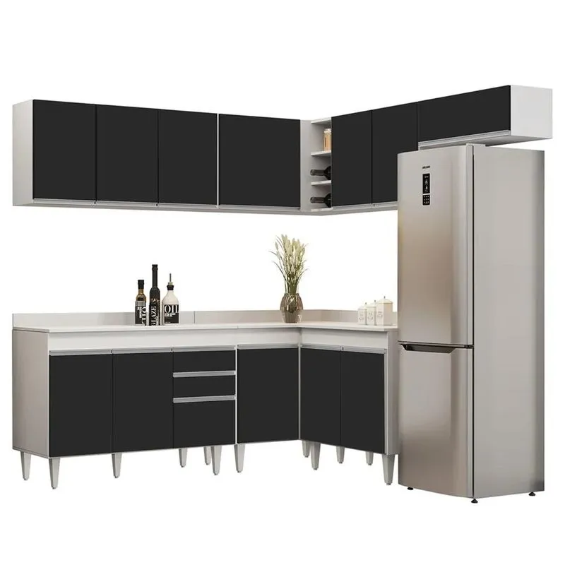Armário De Cozinha Modulado De Canto 7 Peças Cp20 Balcão Com Tampo Branco/Preto - Lumil