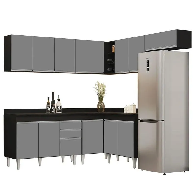 Armário De Cozinha Modulado De Canto 7 Peças Cp20 Balcão Com Tampo Preto/cinza - Lumil