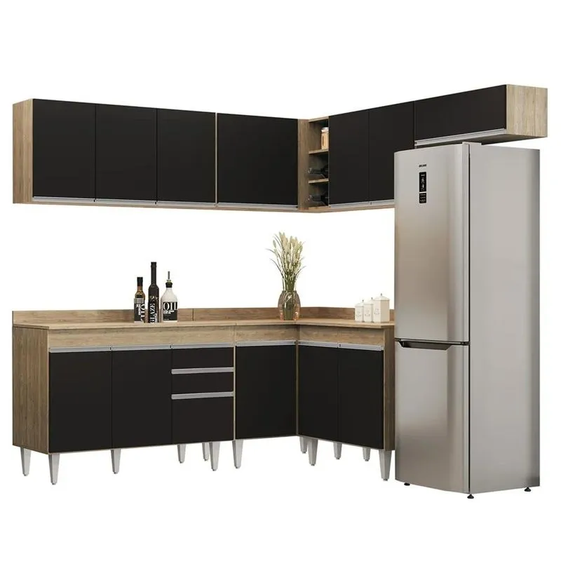 Armário De Cozinha Modulado De Canto 7 Peças Cp20 Balcão Com Tampo Castanho/Preto - Lumil