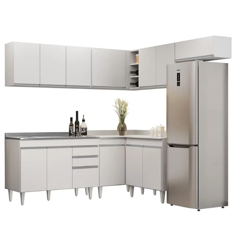 Armário De Cozinha Modulado De Canto 7 Peças Cp21 Com Pia Inox Branco - Lumil