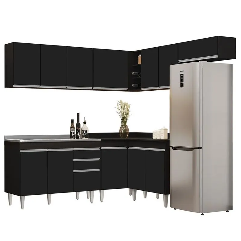 Armário de Cozinha Modulado de Canto 7 Peças CP21 com Pia Inox Preto - Lumil