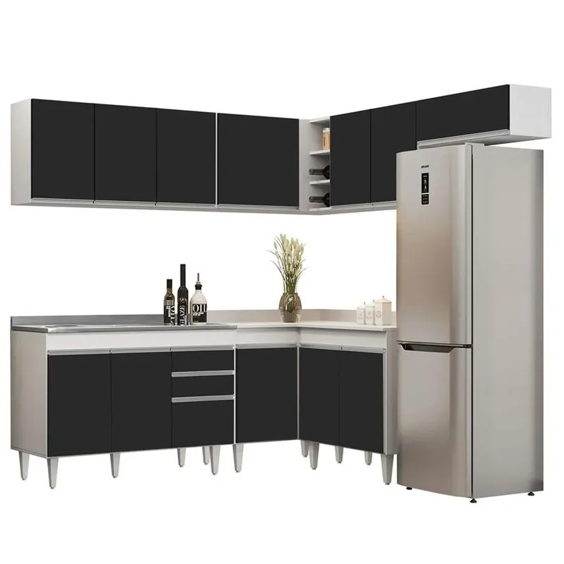 Armário De Cozinha Modulado De Canto 7 Peças Cp21 Com Pia Inox Branco/Preto - Lumil