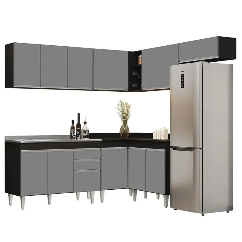 Armário De Cozinha Modulado De Canto 7 Peças Cp21 Com Pia Inox Preto/cinza - Lumil