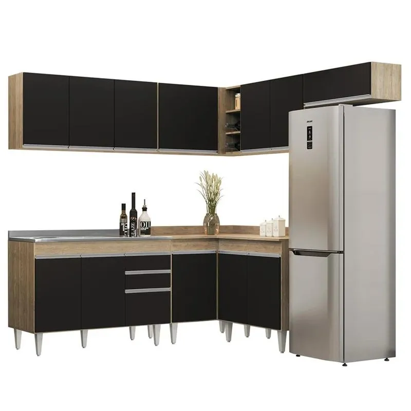 Armário De Cozinha Modulado De Canto 7 Peças Cp21 Com Pia Inox Castanho/Preto - Lumil