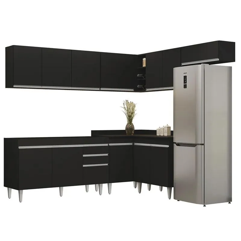 Armário De Cozinha Modulado De Canto 7 Peças Cp22 Balcão Sem Tampo Preto - Lumil