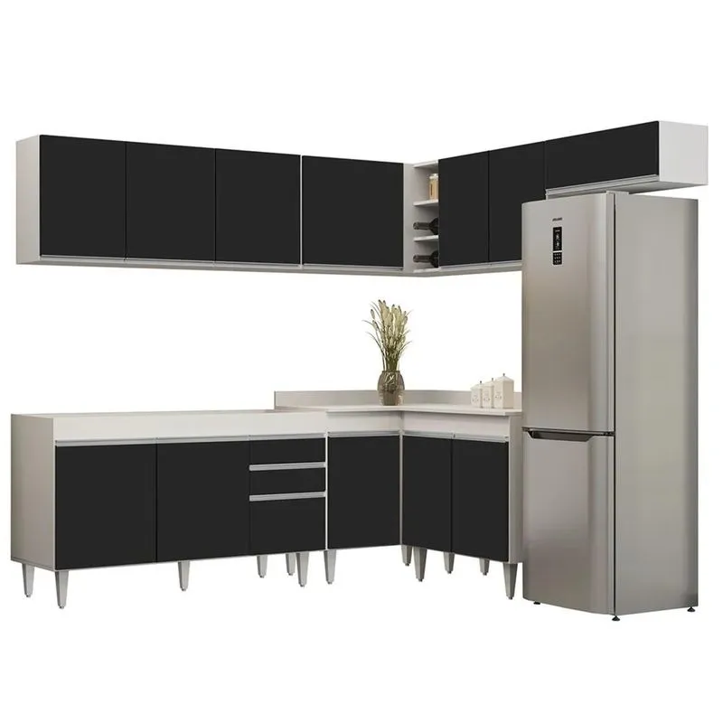 Armário De Cozinha Modulado De Canto 7 Peças Cp22 Balcão Sem Tampo Branco/Preto - Lumil