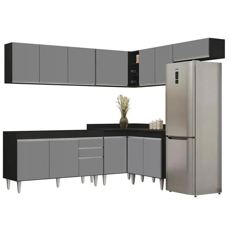 Armário De Cozinha Modulado De Canto 7 Peças Cp22 Balcão Sem Tampo Preto/Cinza - Lumil