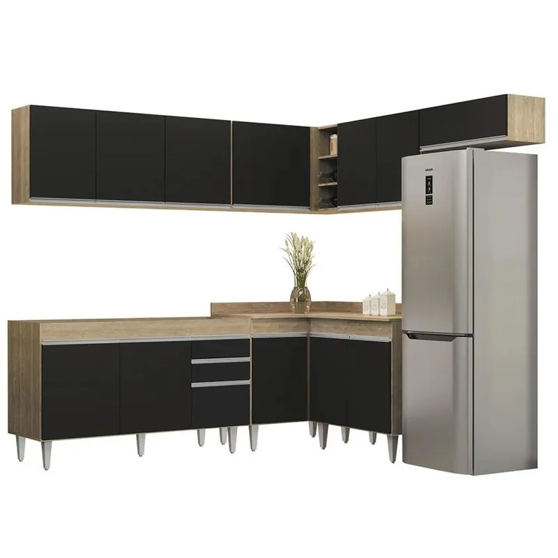 Armário De Cozinha Modulado De Canto 7 Peças Cp22 Balcão Sem Tampo Castanho/Preto - Lumil