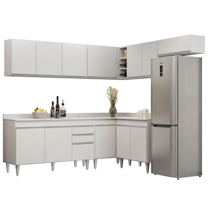 Armário De Cozinha Modulado De Canto 7 Peças Cp23 Balcão Com Tampo Branco - Lumil