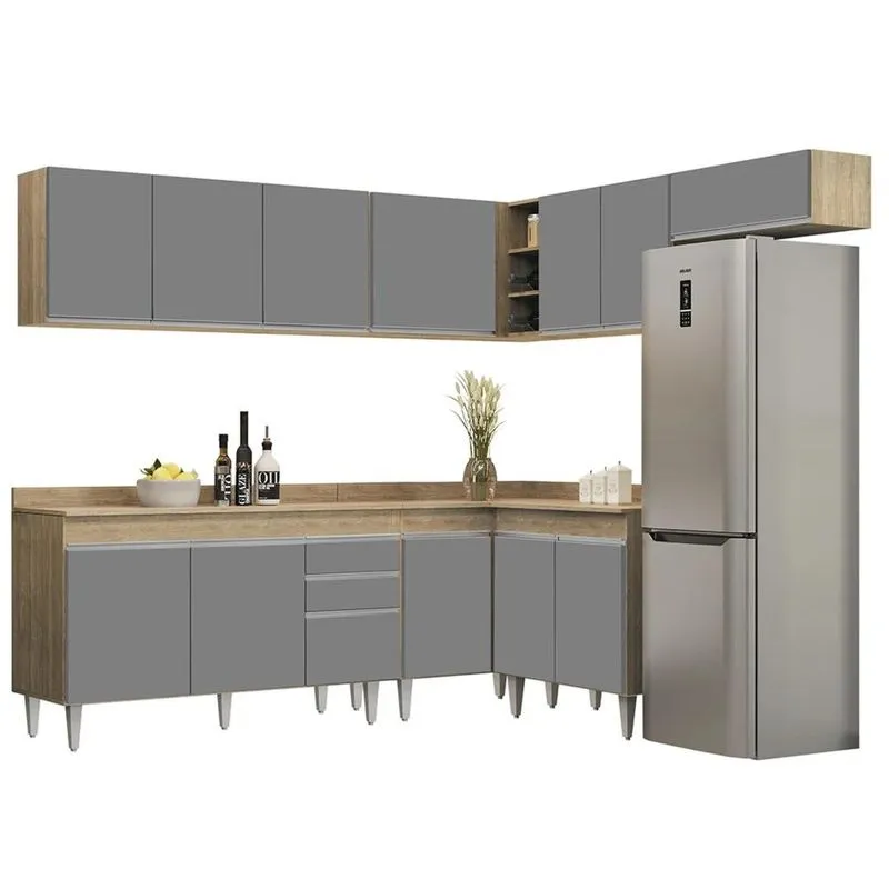 Armário De Cozinha Modulado De Canto 7 Peças Cp23 Balcão Com Tampo Castanho/cinza - Lumil