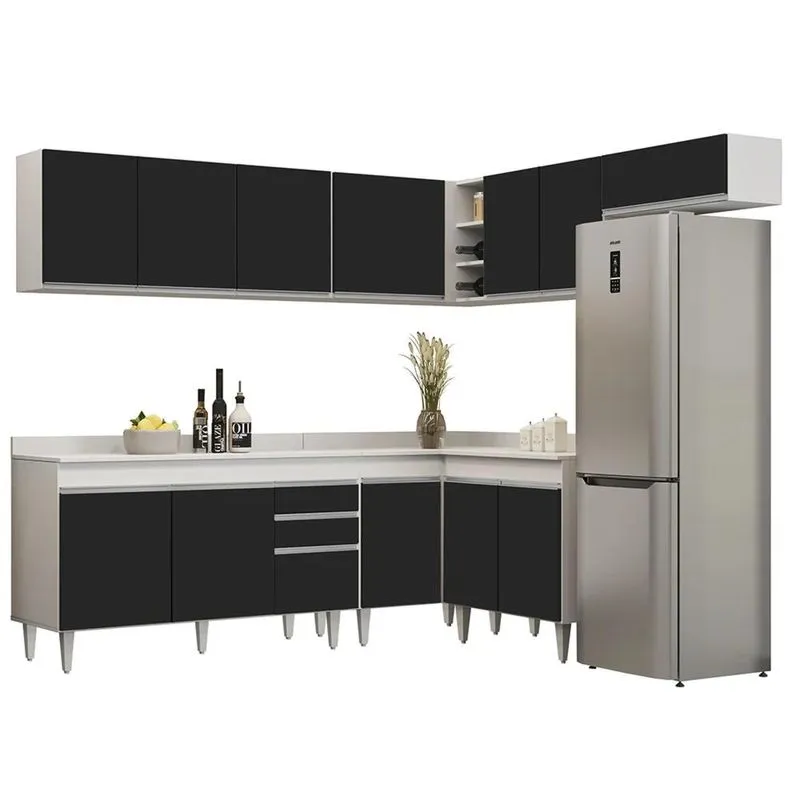 Armário De Cozinha Modulado De Canto 7 Peças Cp23 Balcão Com Tampo Branco/Preto - Lumil