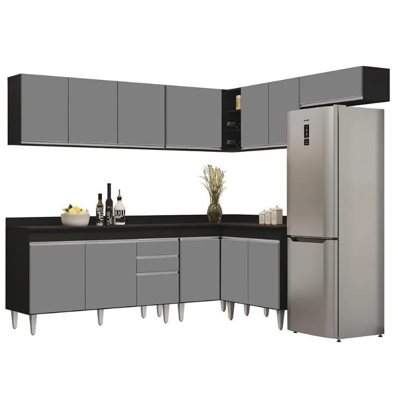 Armário De Cozinha Modulado De Canto 7 Peças Cp23 Balcão Com Tampo Preto-cinza - Lumil