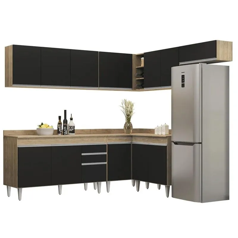 Armário De Cozinha Modulado De Canto 7 Peças Cp23 Balcão Com Tampo Castanho/Preto - Lumil