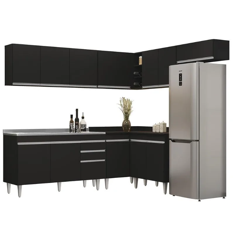 Armário De Cozinha Modulado De Canto 7 Peças Cp24 Com Pia Inox Preto - Lumil