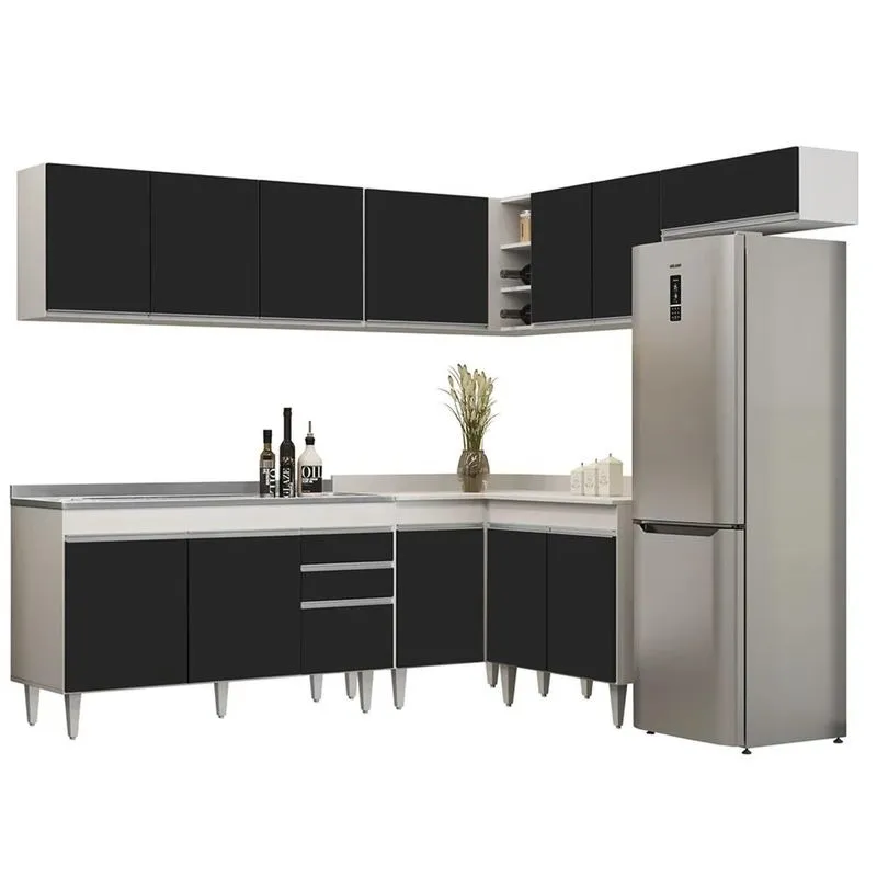 Armário De Cozinha Modulado De Canto 7 Peças Cp24 Com Pia Inox Branco/Preto - Lumil