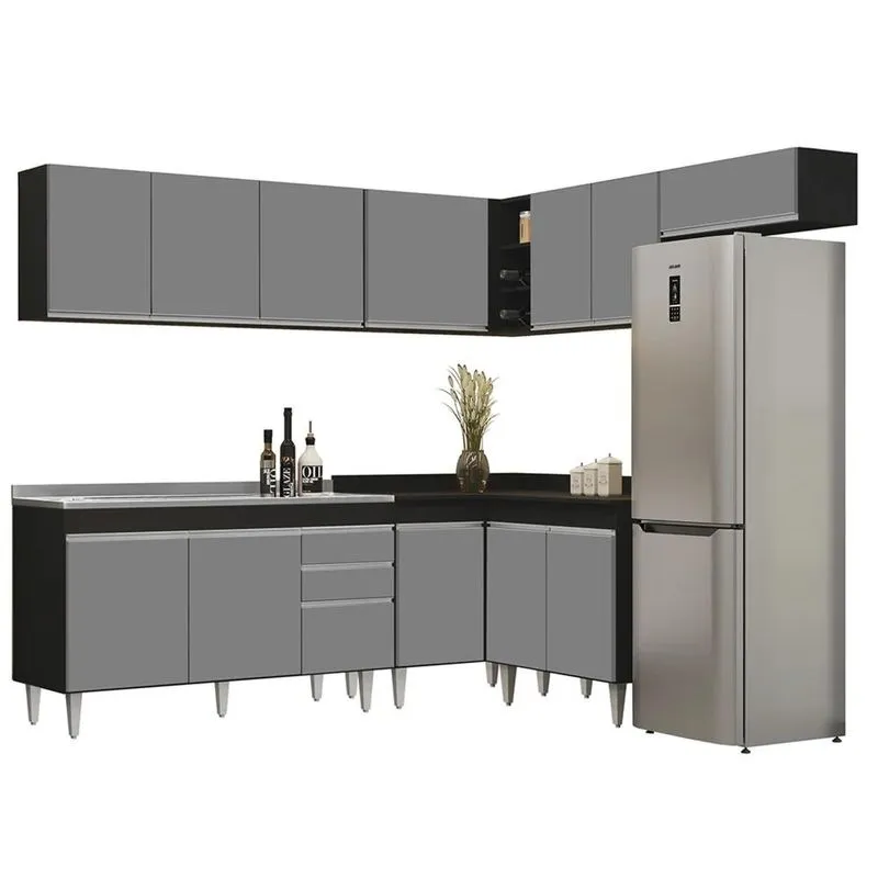Armário De Cozinha Modulado De Canto 7 Peças Cp24 Com Pia Inox Preto/cinza - Lumil
