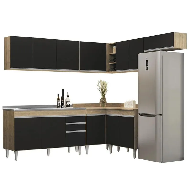 Armário De Cozinha Modulado De Canto 7 Peças Cp24 Com Pia Inox Castanho/Preto - Lumil