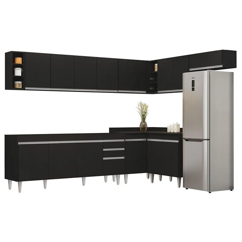 Armário De Cozinha Modulado De Canto 8 Peças Cp25 Balcão Sem Tampo Preto - Lumil
