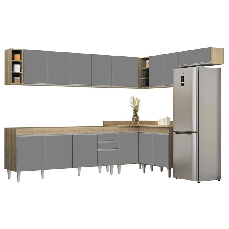 Armário De Cozinha Modulado De Canto 8 Peças Cp25 Balcão Sem Tampo Castanho/cinza - Lumil