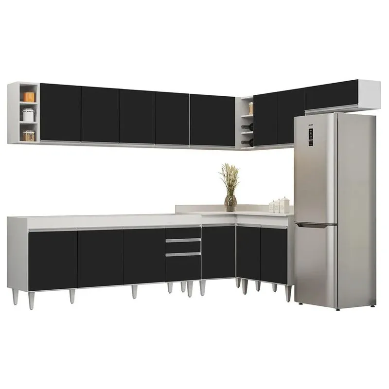 Armário De Cozinha Modulado De Canto 8 Peças Cp25 Balcão Sem Tampo Branco/Preto - Lumil